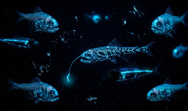 A school of glowing bioluminescent deep sea fish and an anglerfish swimming in the dark abyss of the ocean.   