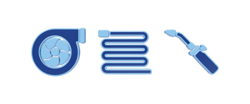 3D render of blue industrial icon set featuring a turbocharger compressor, a coiled hose or pipe, and a welding torch tool symbol isolated on a transparent background