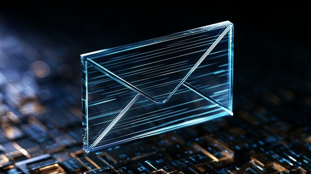Glowing digital envelope icon floats above a dark keyboard, representing online communication, messages, and digital correspondence