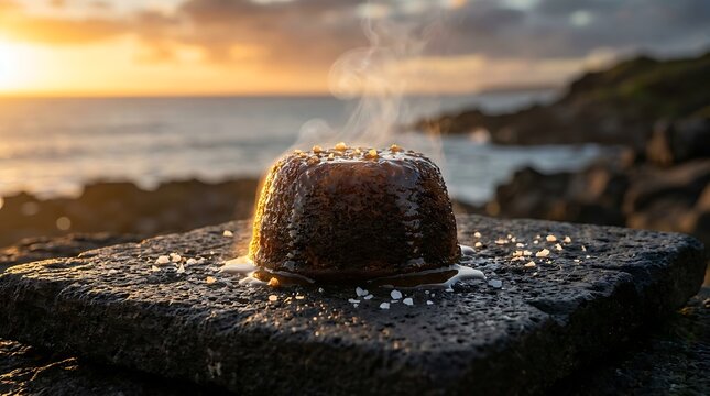 Steaming Fijian Purini pudding on a stone slab at sunset with copy space