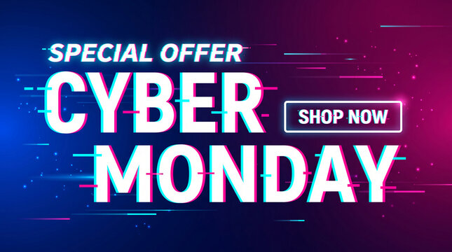 Cyber Monday special offer with glitch effect text, showcasing a digital sale, perfect for online shopping promotion, e-commerce, and tech events
