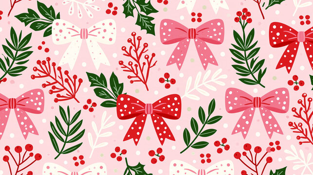 seamless pattern of white, pink, and red bows with Christmas plants 