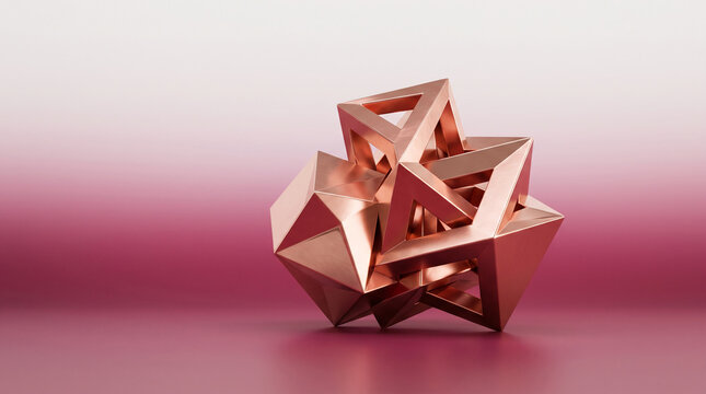 Geometric sculpture made of metallic copper, showcasing interconnected triangular and prismatic forms, symbolizing innovation, structure, and abstract design