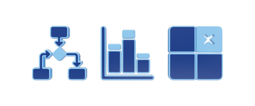 Three dimensional icons depicting a blue workflow flowchart diagram, a bar graph chart, and four square panels with an x mark isolated on a transparent background