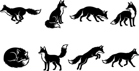 Obraz premium Collection of detailed black fox silhouettes in various action poses for wildlife graphic design projects
