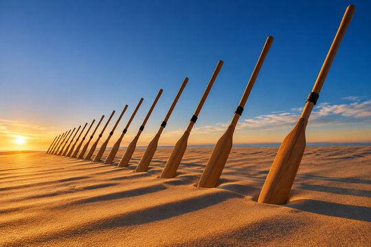 Row of wooden oars planted in golden sand at dawn, creating long shadows.