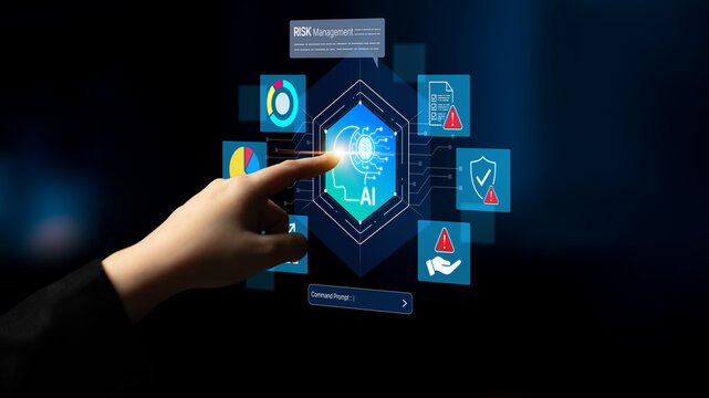 A close-up view of a hand touching a digital screen featuring AI technology and risk management symbols, illustrating modern business strategies and technological advancements. Nascent