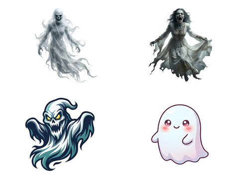 Horror Ghost Variations Set in 2x2 Grid Photorealistic, Screaming and Kawaii Cartoon Ghost Designs
