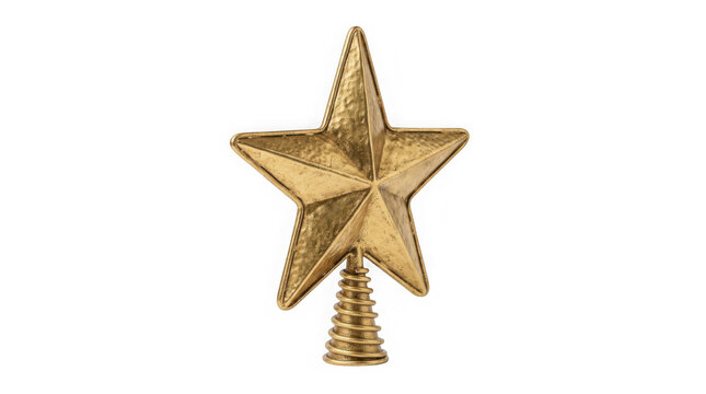 Golden metallic christmas tree topper star with spiral base isolated on transparent background
