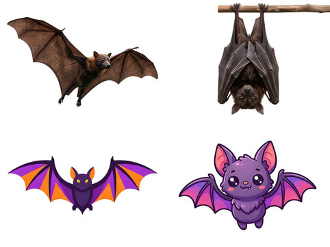 Halloween Bat Set of 4 Illustrations in 2x2 Grid on White Background