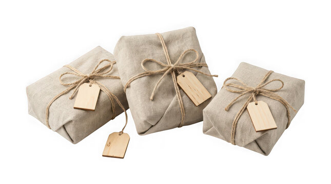 Three wrapped gift boxes with linen and twine, isolated on transparent background
