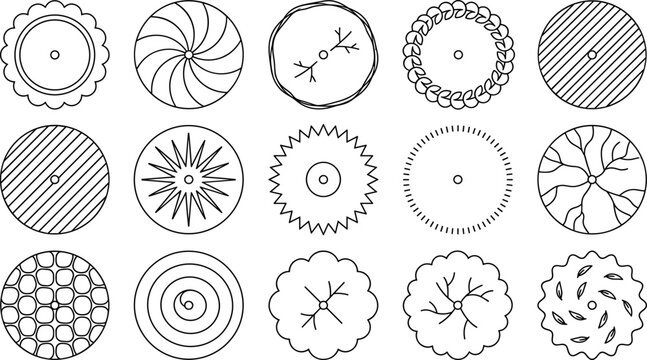 Tree and shrub top view line art vector set, circular plan symbols for landscape design   