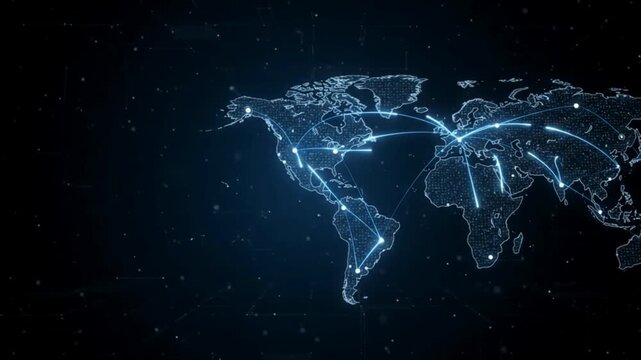 Digital World Map with Glowing Blue Connection Lines Representing Global Network and Data Communication Technology