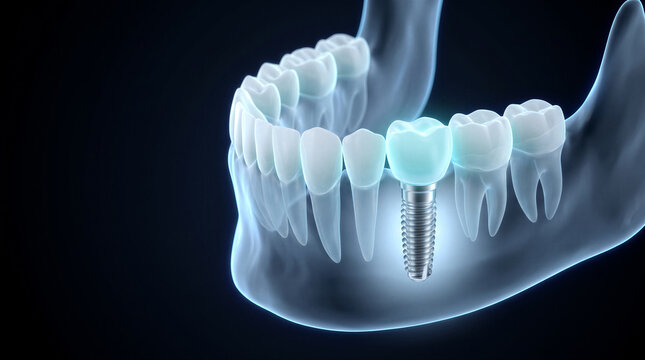 3d illustration of a dental implant replacing a missing tooth in a human jawbone