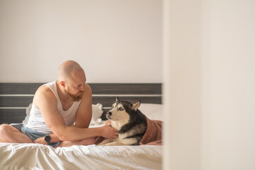 Bearded man leans face to muzzle of his husky lying on wide bed, tenderness dogs accept without question, friendship without any condition. Wide shot. Concept of tenderness between man and his dog © iwavephoto