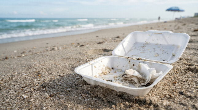 Discarded styrofoam food container left as litter on a sandy beach near the ocean
