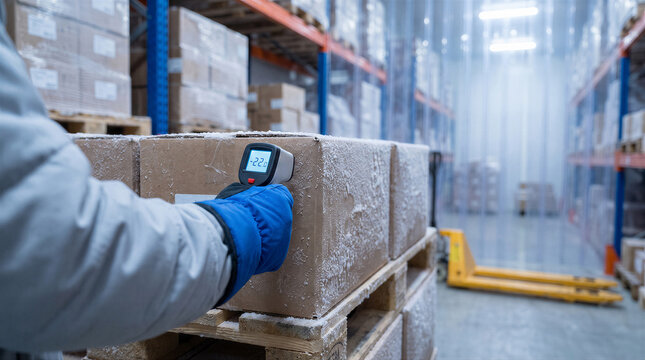Worker using infrared thermometer to check temperature of frozen goods in cold storage warehouse