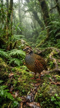 Taiwan partridge on the moss-covered ground beneath the thick canopy of a damp and foggy mountain forest.