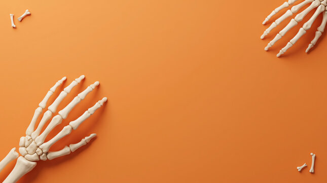 Skeletal hands and bones are arranged on a vibrant orange background skeleton handbones wristbones phalanges fingers