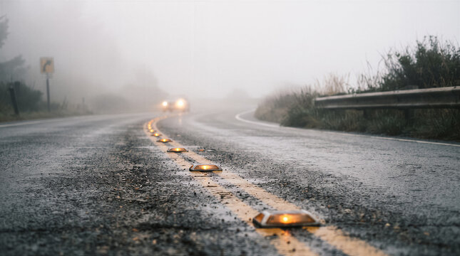 A car driving on a wet asphalt road during a foggy day with illuminated reflective road markers in the center