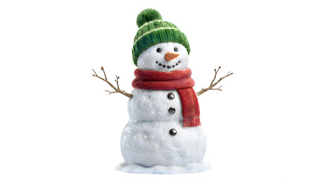 Cute snowman wearing a green winter hat and a red scarf for the christmas holiday season