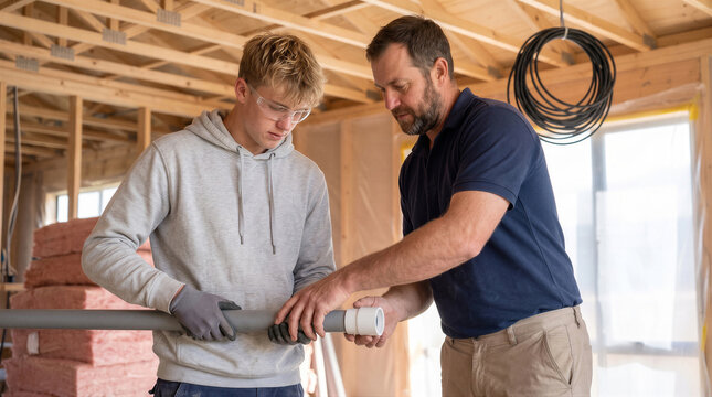 Professional plumber mentoring a young apprentice on a construction site, demonstrating how to fit a pvc pipe connection