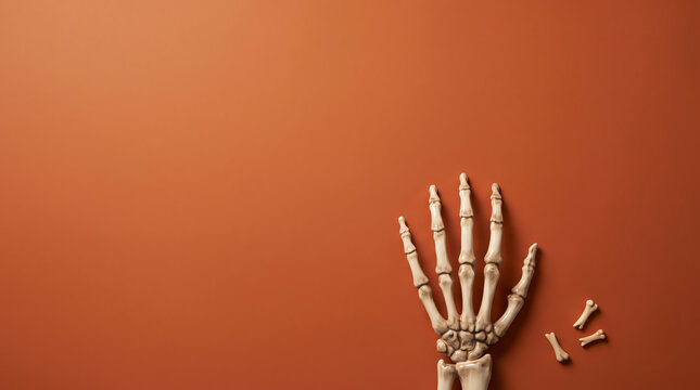 A human skeleton hand and bones rest on a terracotta colored surface anatomy bone cadaver calcium
