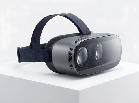 Modern Virtual Reality VR Headset with Soft Straps on White Pedestal