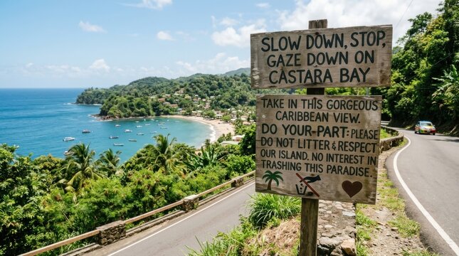 Scenic Caribbean Coastal Road with Warning Sign to Castara Bay Paradise