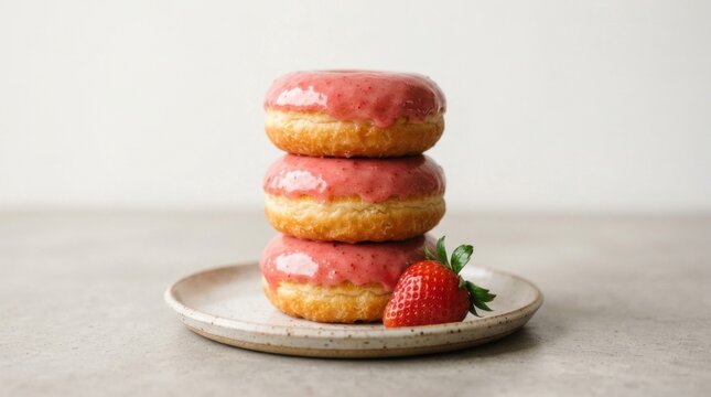 Glazed pink donuts with fresh strawberry on plate.