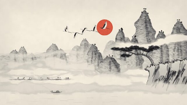 Chinese ink painting of misty mountains with drifting clouds, red sun and flying cranes on rice paper, animated seamless loop background