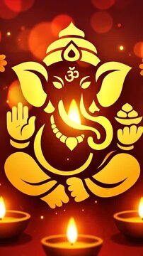Golden ganesh illustration with glowing oil lamps and marigold flowers for diwali festival, a warm spiritual and festive hindu deity design