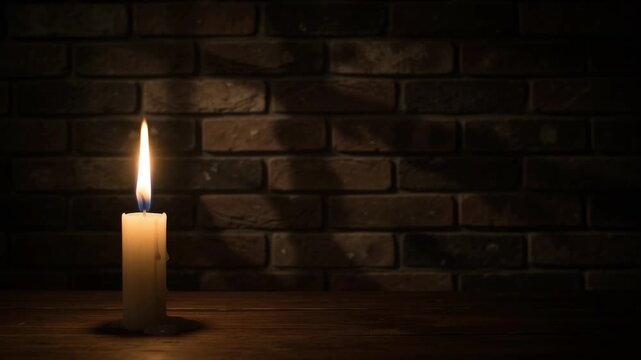 Cinematic Single Burning Candle Against Dark Brick Wall with Copy Space Loop