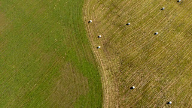Aerial view of a field divided between lush green grass and harvested brown stubble with scattered white hay bales in Poland.