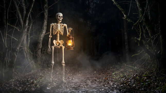 Skeleton holding a vintage lantern walks through a misty, dark forest at night, with ethereal fog creating a spooky and mysterious atmosphere.