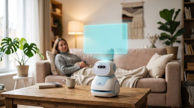 AI healthcare robot assistant projecting blank holographic screen on table in living room with patient, smart telemedicine concept
