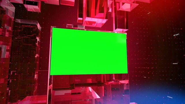 3D News Background Frame Green Screen Display with Futuristic Red Crystal Studio Motion Graphics with six green screen animation frames