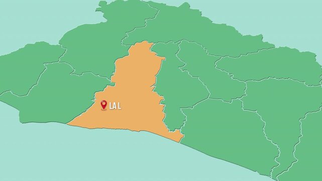 Mapa de El Salvador con divisi&oacute;n pol&iacute;tica resaltando el departamento de La Libertad con su capital La Libertad Sur