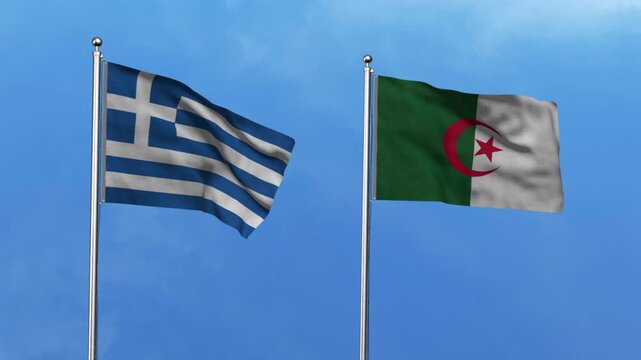 Greece and Algeria Waving Flags, 3D Illustration.