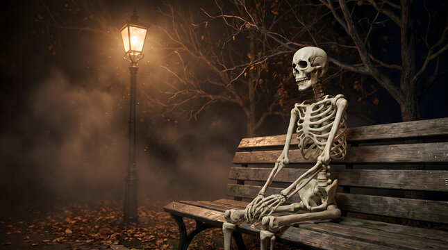 A solitary skeleton sits on a park bench under a dimly lit lamppost on a foggy autumn evening.
