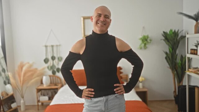 Man with exposed shoulders in black cold shoulder sweater smiling, hands on hips by bed in bedroom with orange bedding; confidence acceptance.
