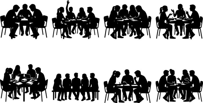 Students and professionals sitting around tables working studying and brainstorming vector silhouettes illustration