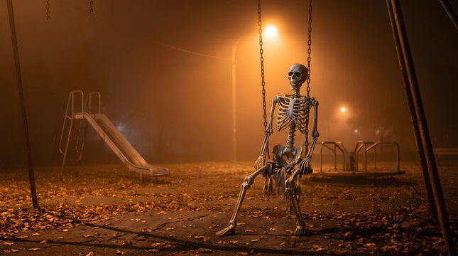 Skeleton sits on a swing set in a playground at night with fog and orange streetlights.