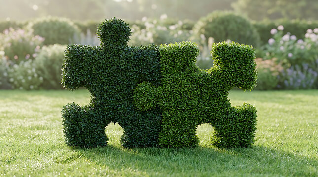 Two interlocking jigsaw puzzle pieces shaped topiary hedges on green lawn representing teamwork partnership and solution