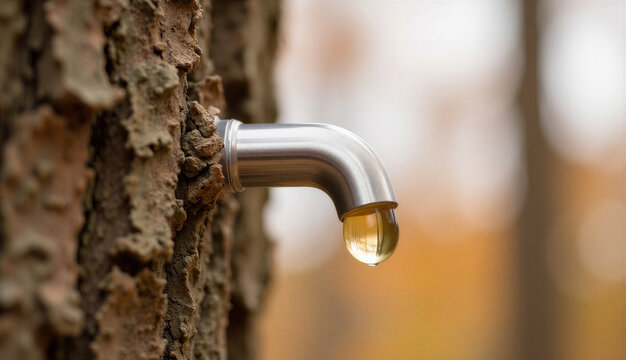 Maple sap bucket spout dripping sap in forest
