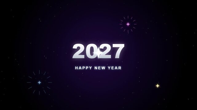 Happy New Year 2027 with purple glow and festive firework bursts
