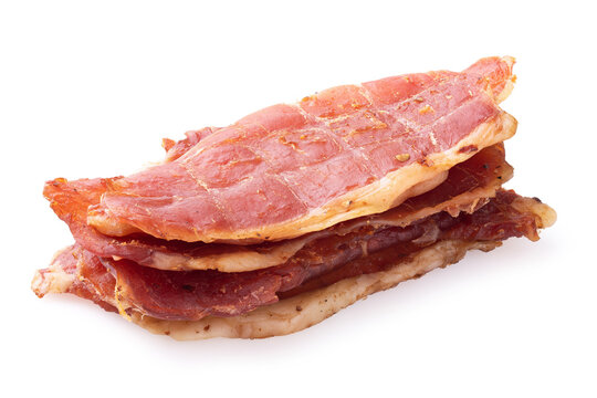 Stack of dried pork meat slices, meat chips jerky, isolated on white background, studio shot