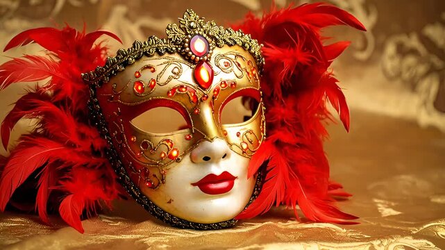 An opulent gold and white Venetian mask adorned with red jewels and feathers, resting on a luxurious gold fabric. Symbolizes carnival, masquerade, mystery, and luxury party events.