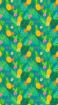 Tropical pineapple pattern with vibrant flowers and lush green leaves on a colorful background