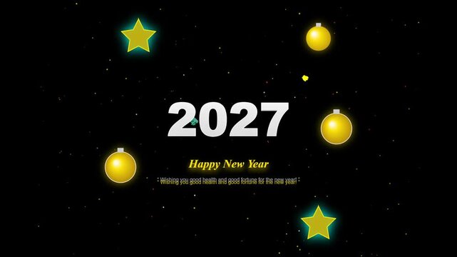 Happy New Year 2027 with glowing stars and golden orbs